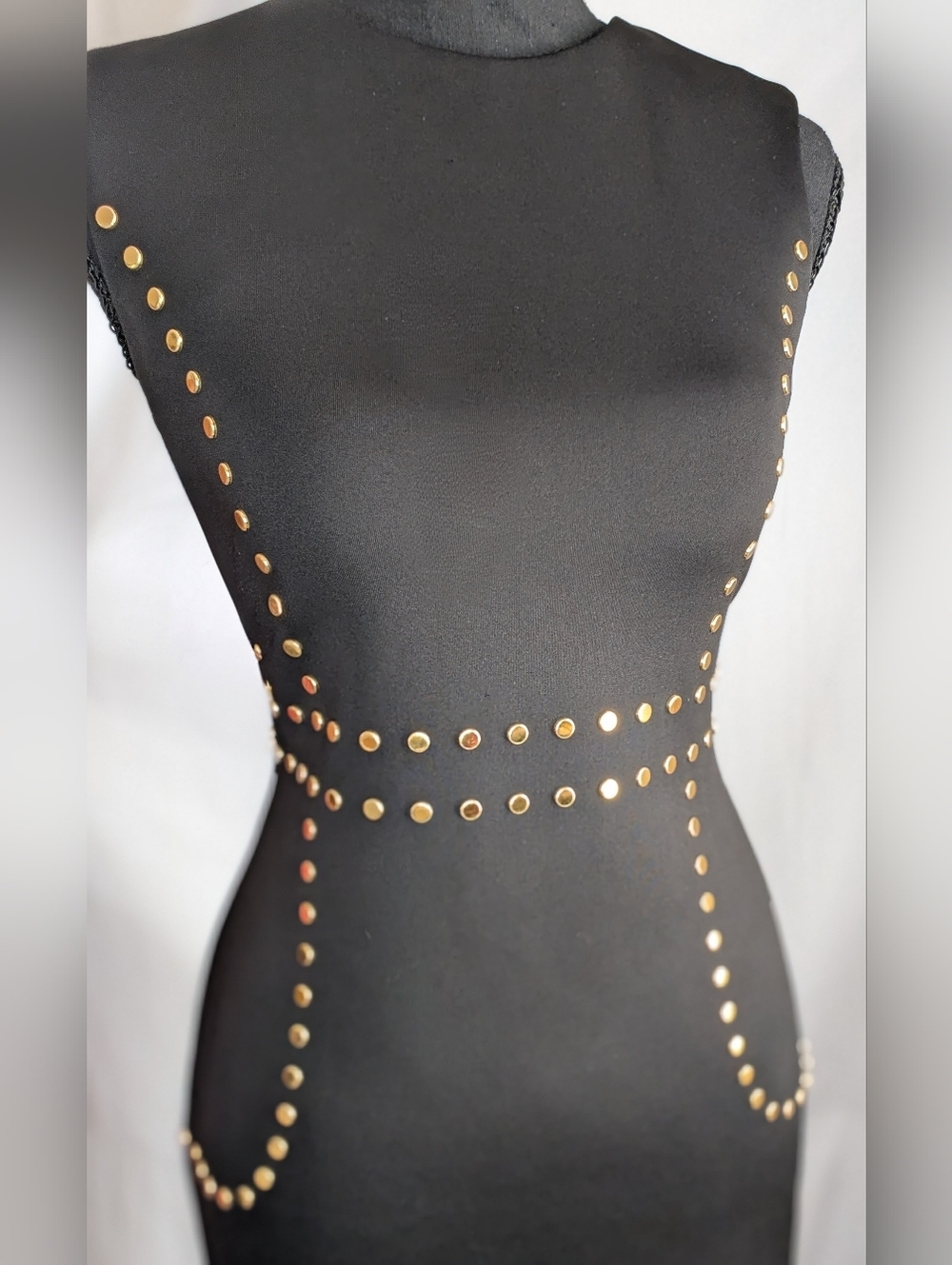 Calvin Klein Black Bodycon Dress Gold studded Hardware Sheath Cocktail Midi (2) - Picture 7 of 7